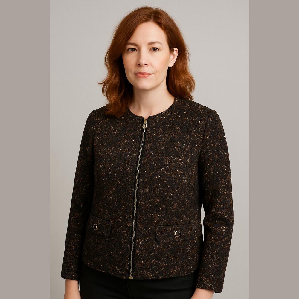 Dana Buchman Black Brown Beaded Zip Up Classic Career Dressy Blazer Jacket XL